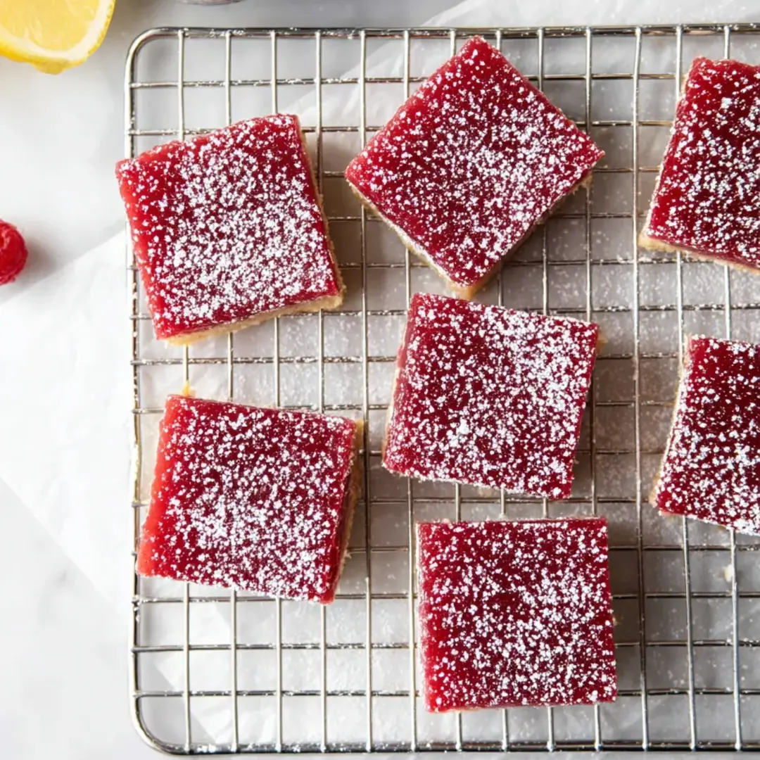 Powdered sugar-topped red bars laid out in a pan.