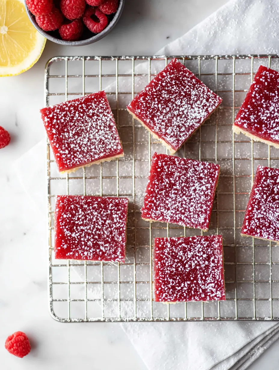 A pan of bright red bars dusted with powdered sugar.