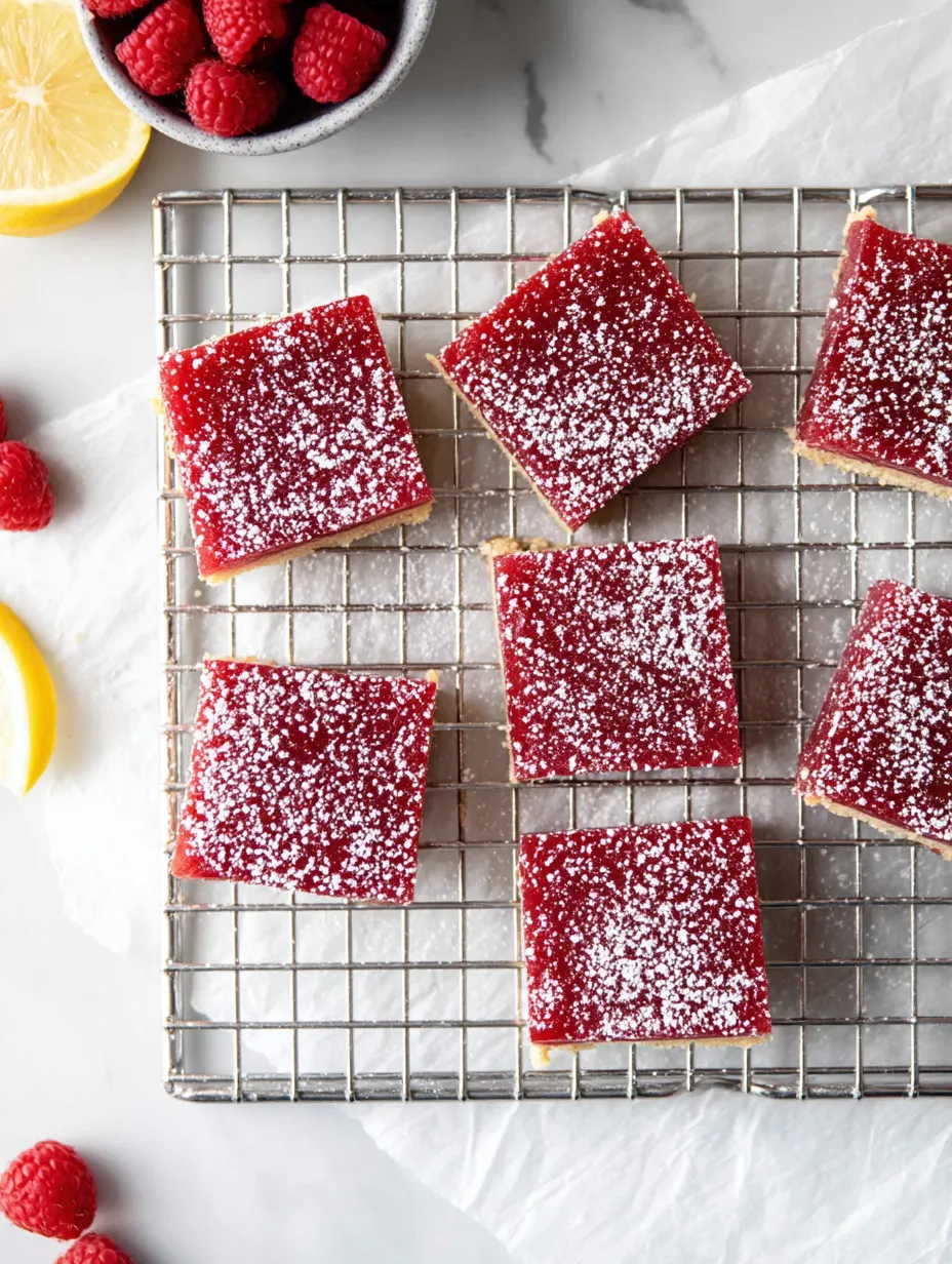 A pan of berry bars cut in squares and dusted with sugar.