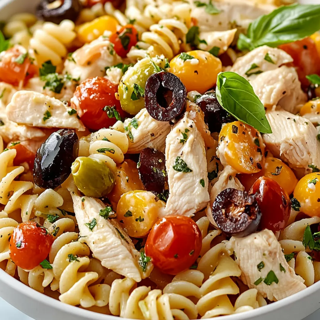 A bowl of pasta with chicken, tomatoes, olives, and basil.