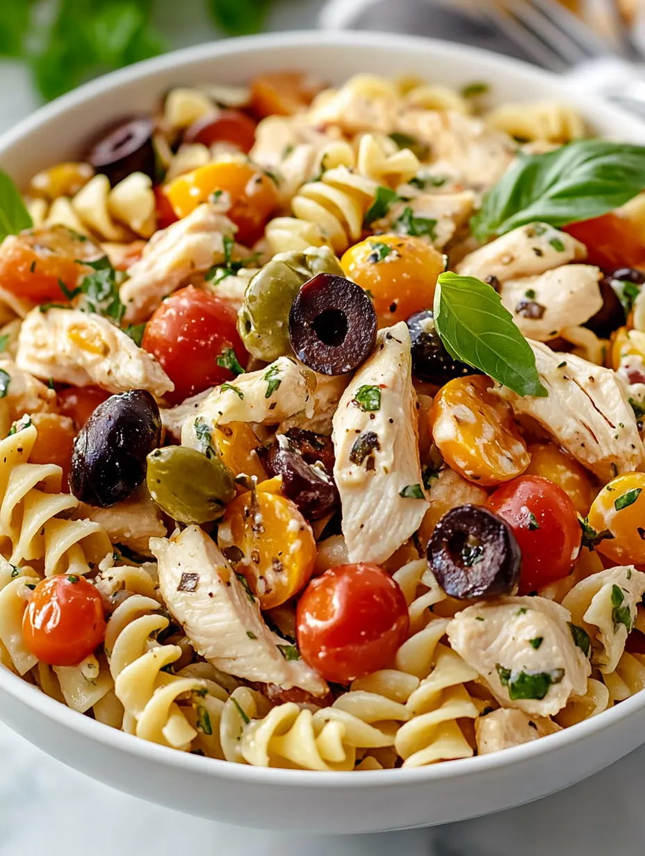 A bowl of pasta with chicken and vegetables.