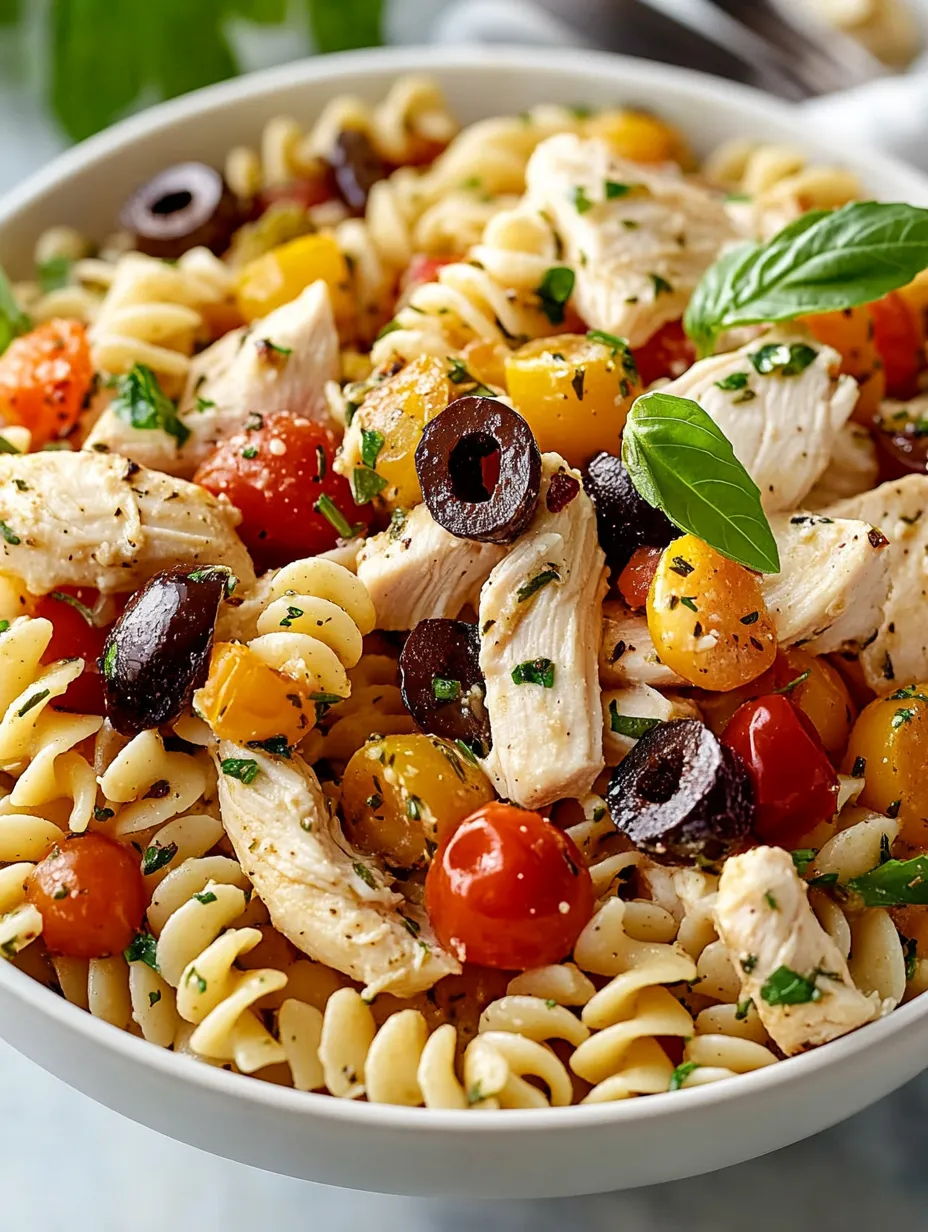 A bowl of pasta with chicken, tomatoes, olives, and basil.