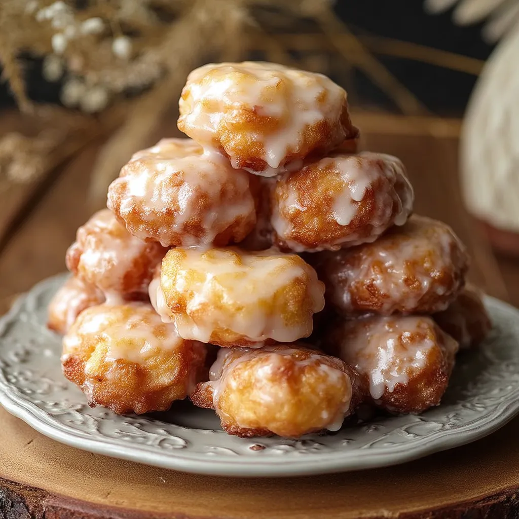 A stack of apple fritter bites on a plate.