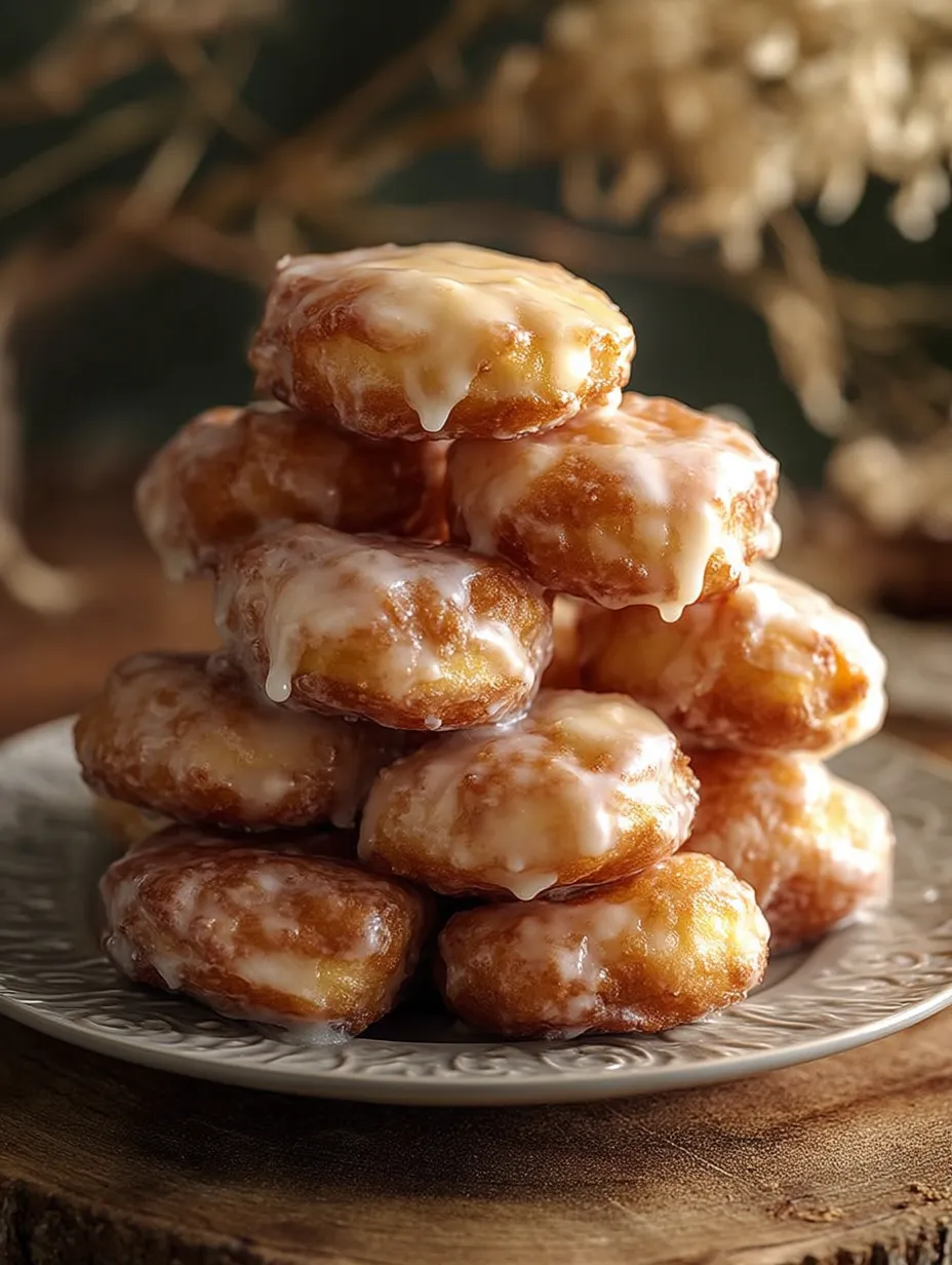 A stack of glazed apple fritter bites on a plate.