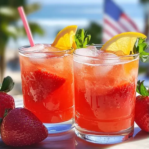Two glasses of strawberry lemonade with strawberries on the side.