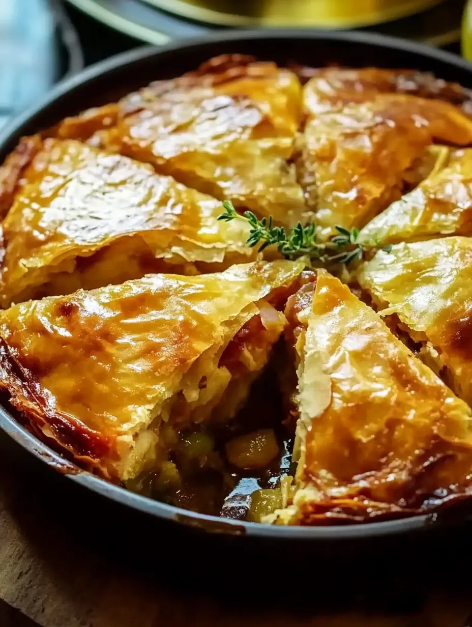 A slice of pie with a green leaf on top.