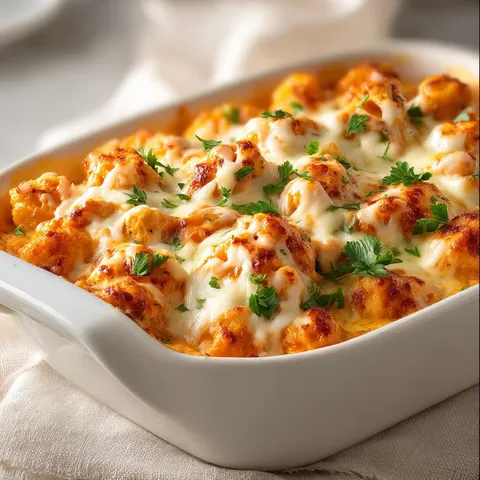 Creamy Buffalo Chicken Cauliflower Casserole.