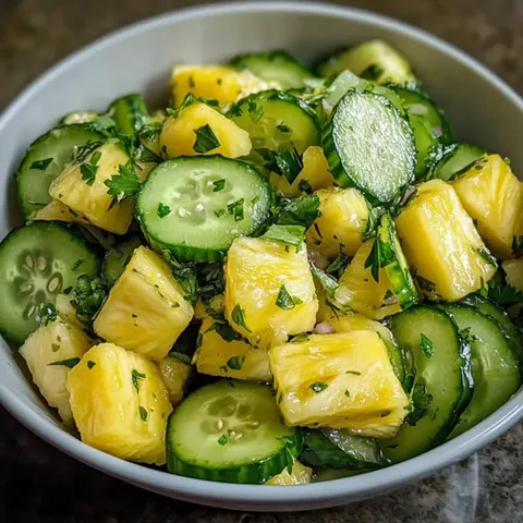 A bowl of sliced cucumbers and pineapple.
