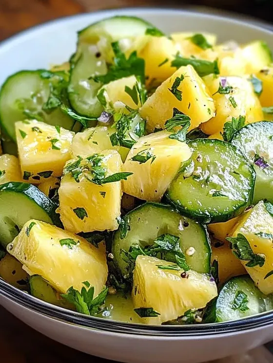 A bowl of sliced pineapple and cucumbers.