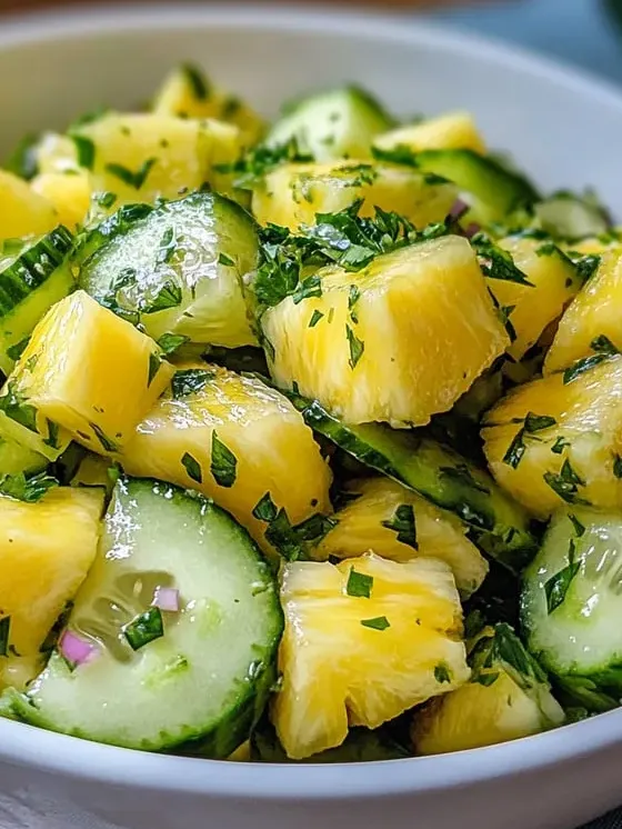 A bowl of sliced cucumbers and pineapple.
