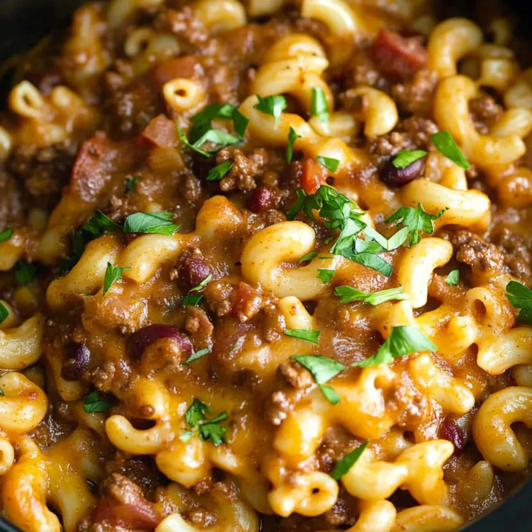 A bowl of chili with noodles and meat.