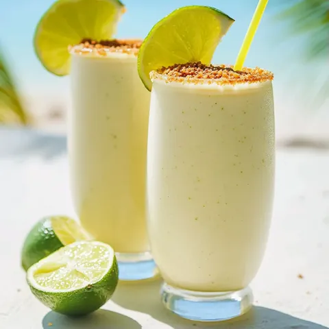 Two glasses of lime juice with limes on the side.