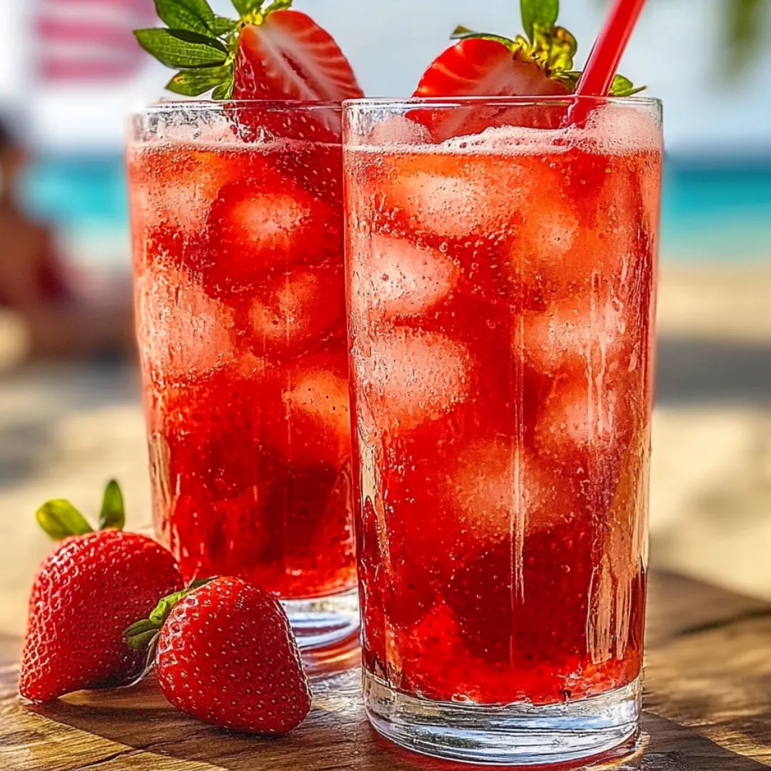 Two glasses of red drink with strawberries.
