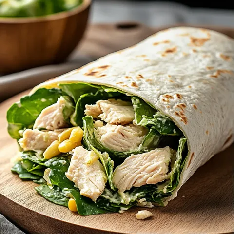 A chicken wrap on a wooden cutting board.