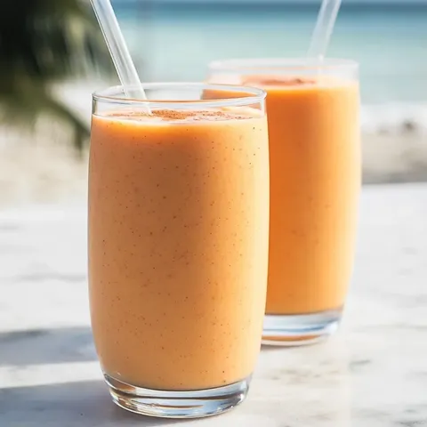 Two glasses of orange juice on a table.