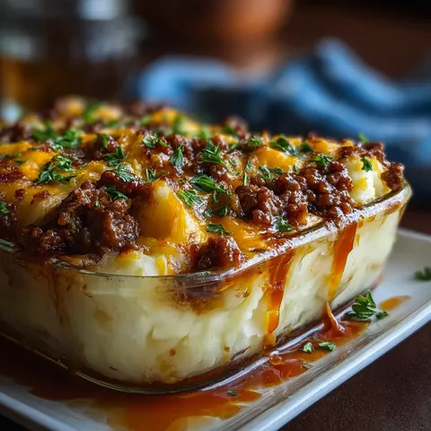 A glass dish with a casserole in it.