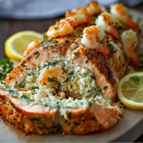 A piece of fish with shrimp on top.
