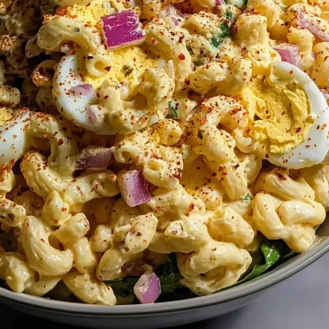 A bowl of macaroni and cheese with eggs.