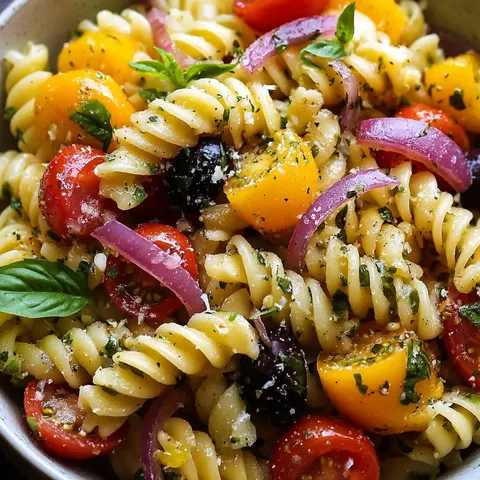 A bowl of pasta with tomatoes and basil.