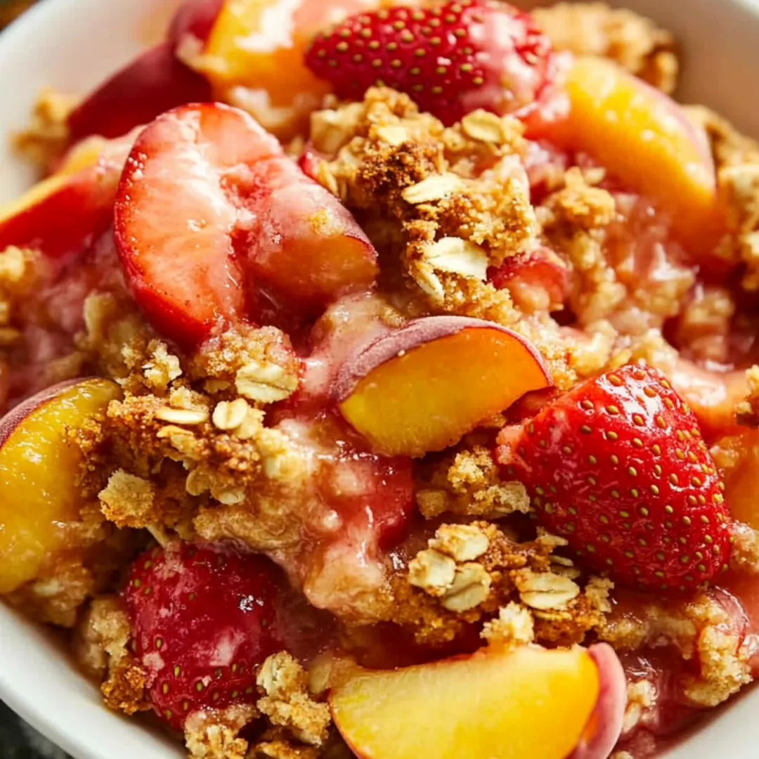 A bowl of fruit with strawberries and peaches.
