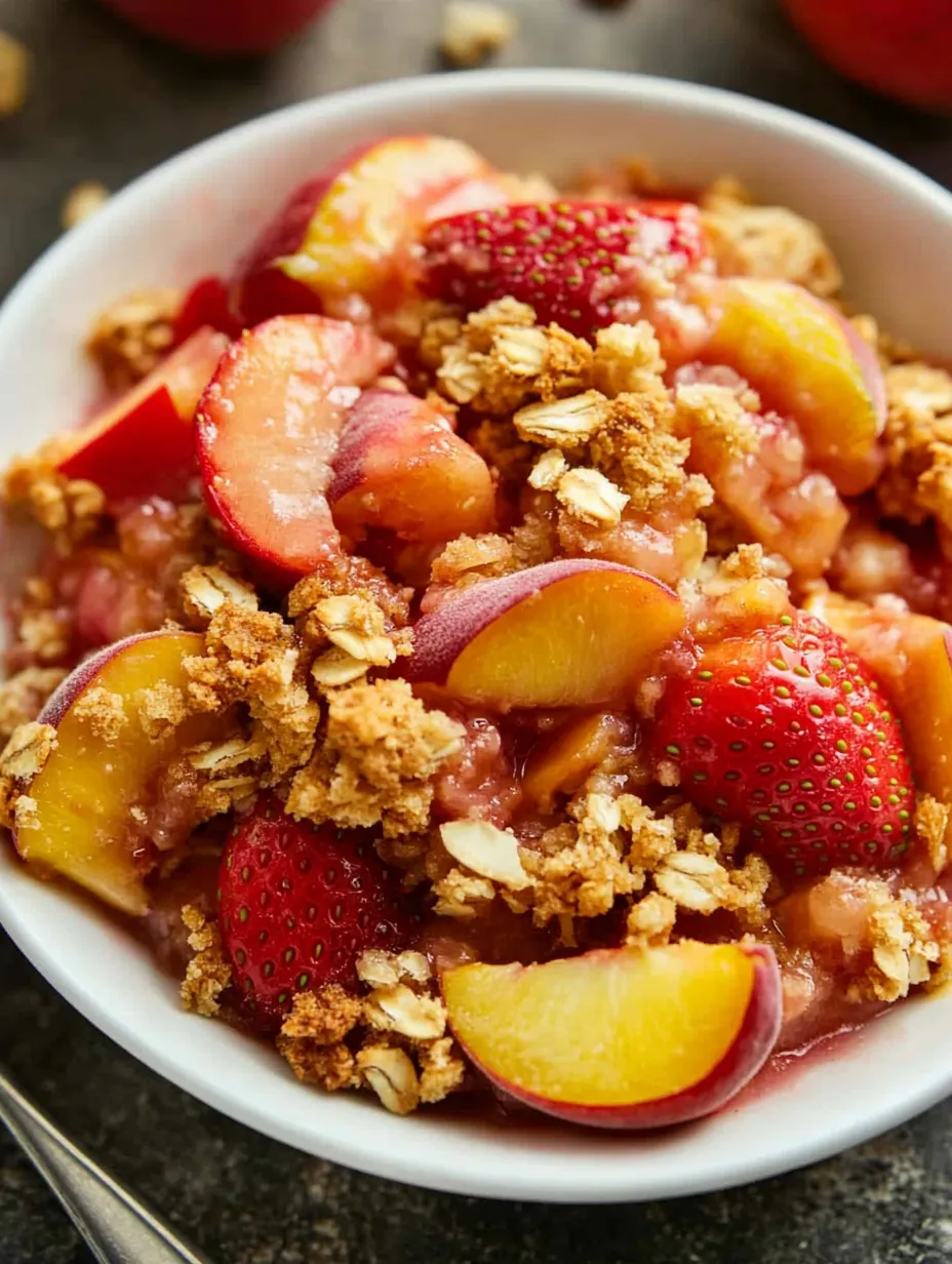 A bowl of fruit with strawberries, peaches and apples.