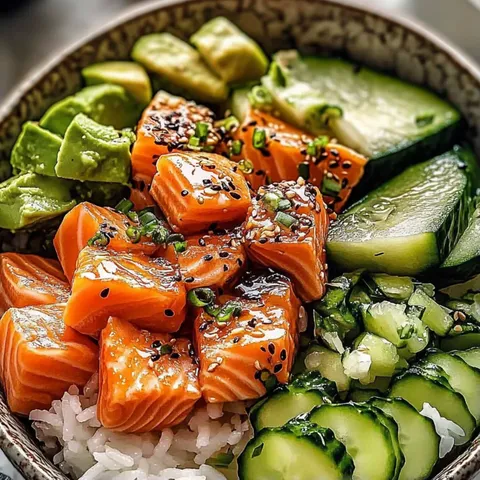 A bowl of food with rice, cucumbers, and avocado.