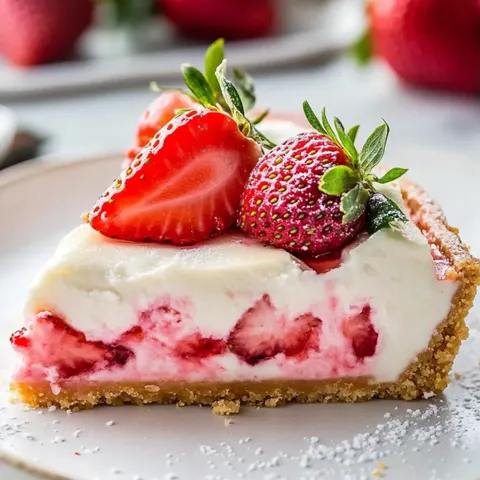 A slice of cake with strawberries on top.