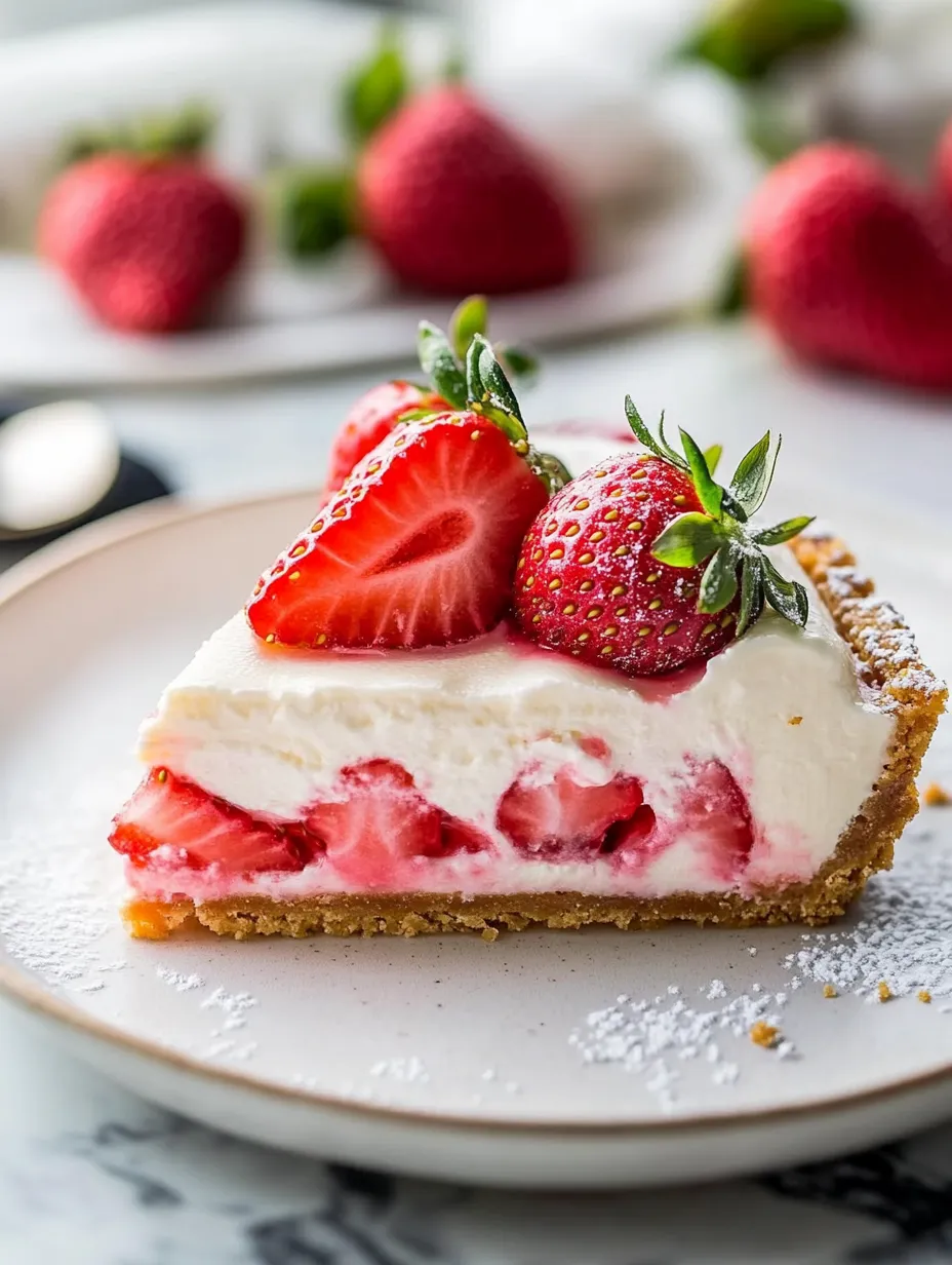 A slice of strawberry cheesecake with strawberries on top.