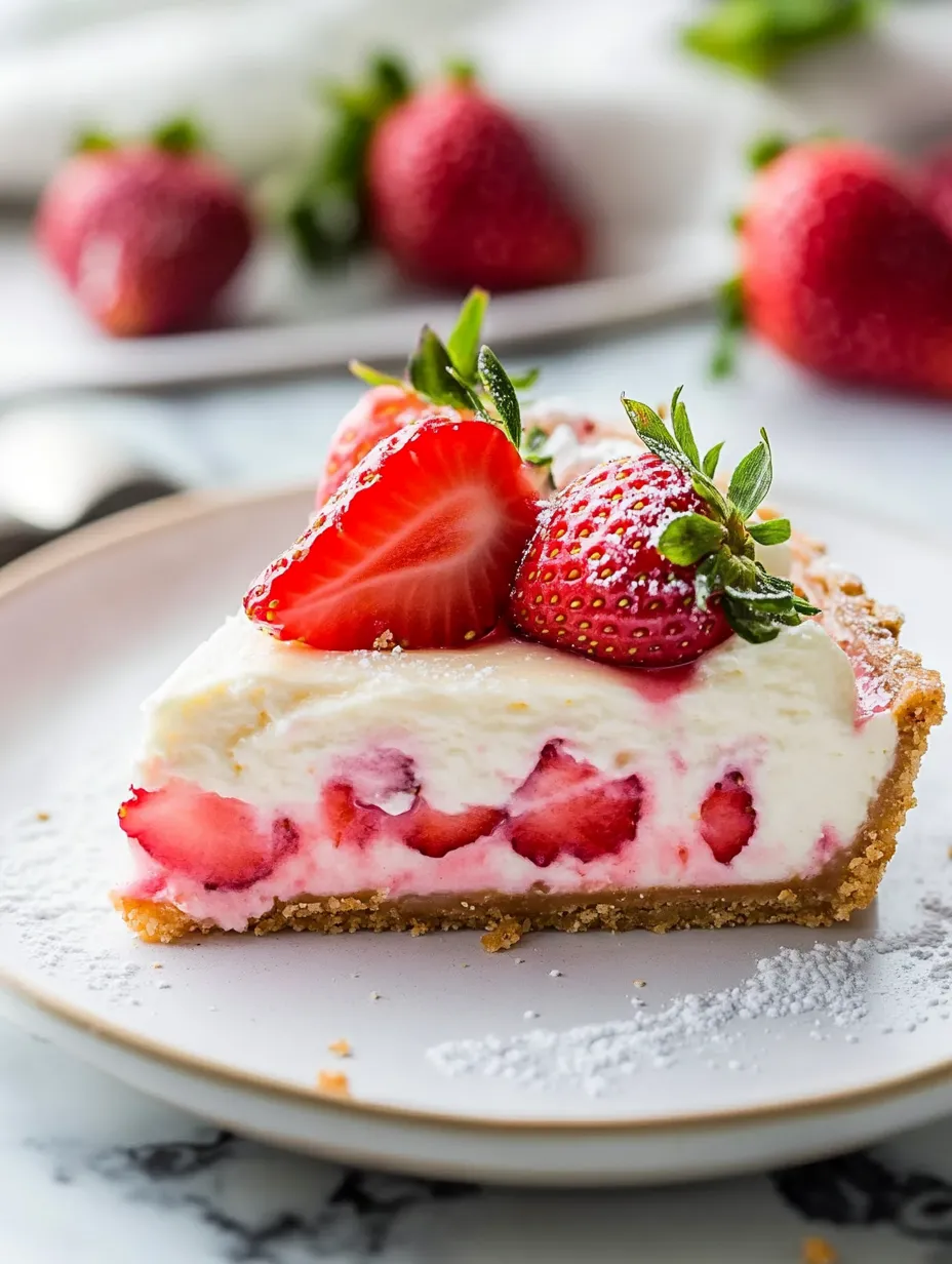 A slice of strawberry cheesecake with strawberries on top.