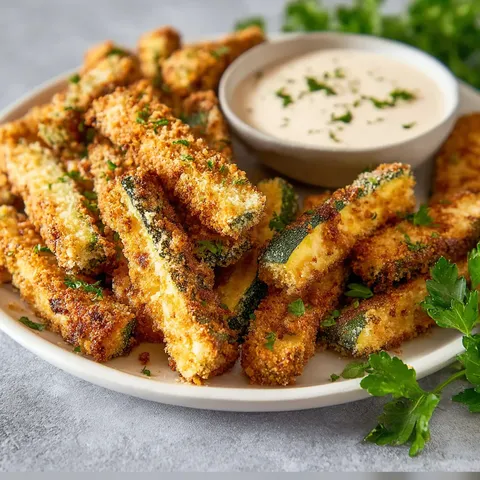 A plate of fried zucchini with a bowl of dipping sauce.