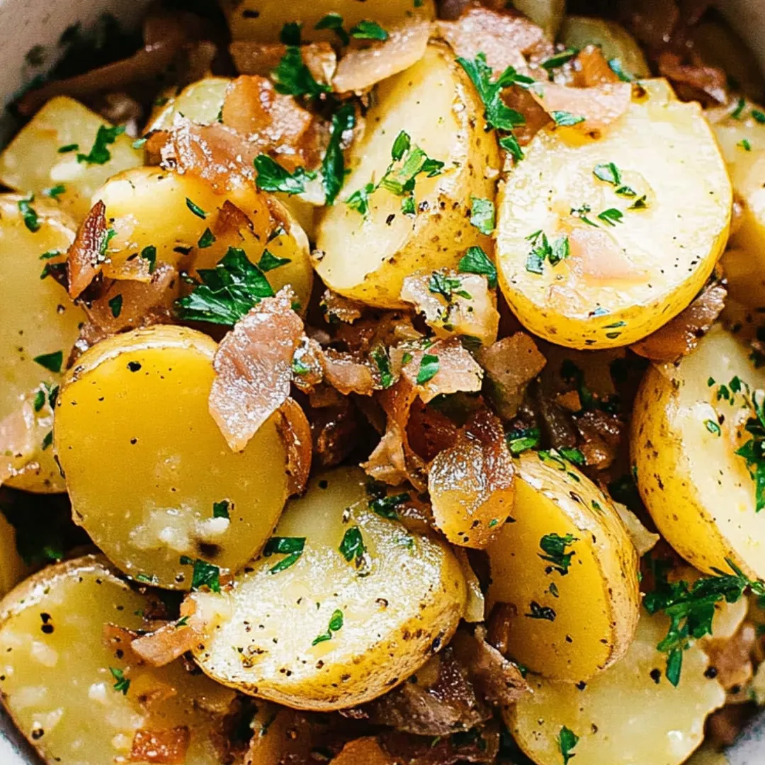 A bowl of food with potatoes and onions.