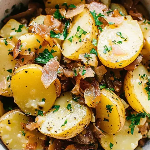 A bowl of food with potatoes and onions.
