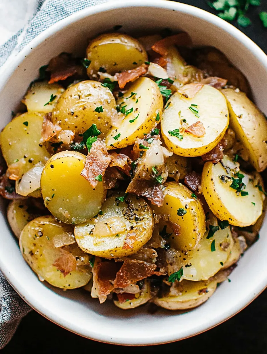 A bowl of potatoes with bacon and herbs.