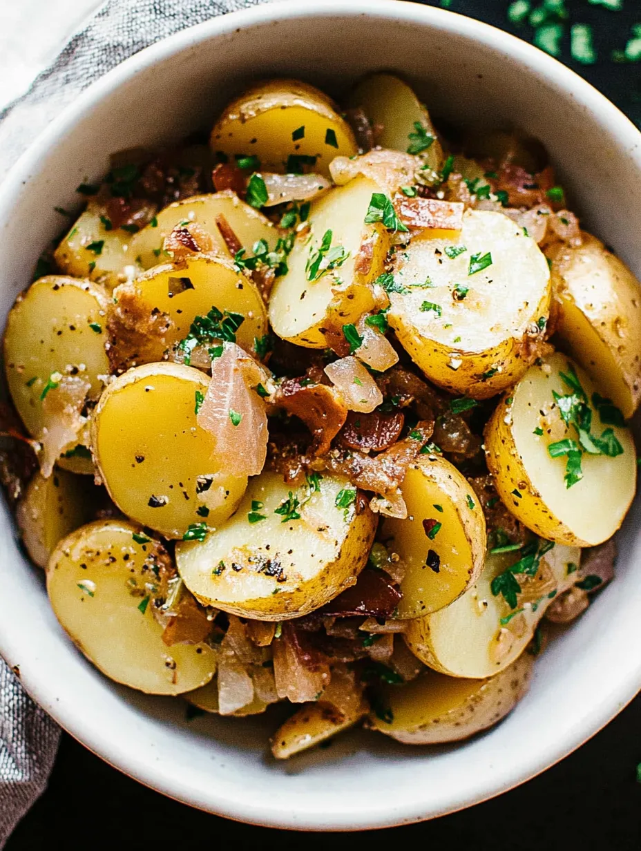 A bowl of potatoes with onions and herbs.