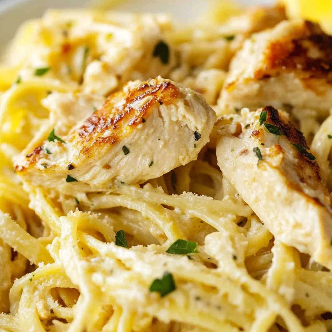 A plate of pasta with chicken on top.