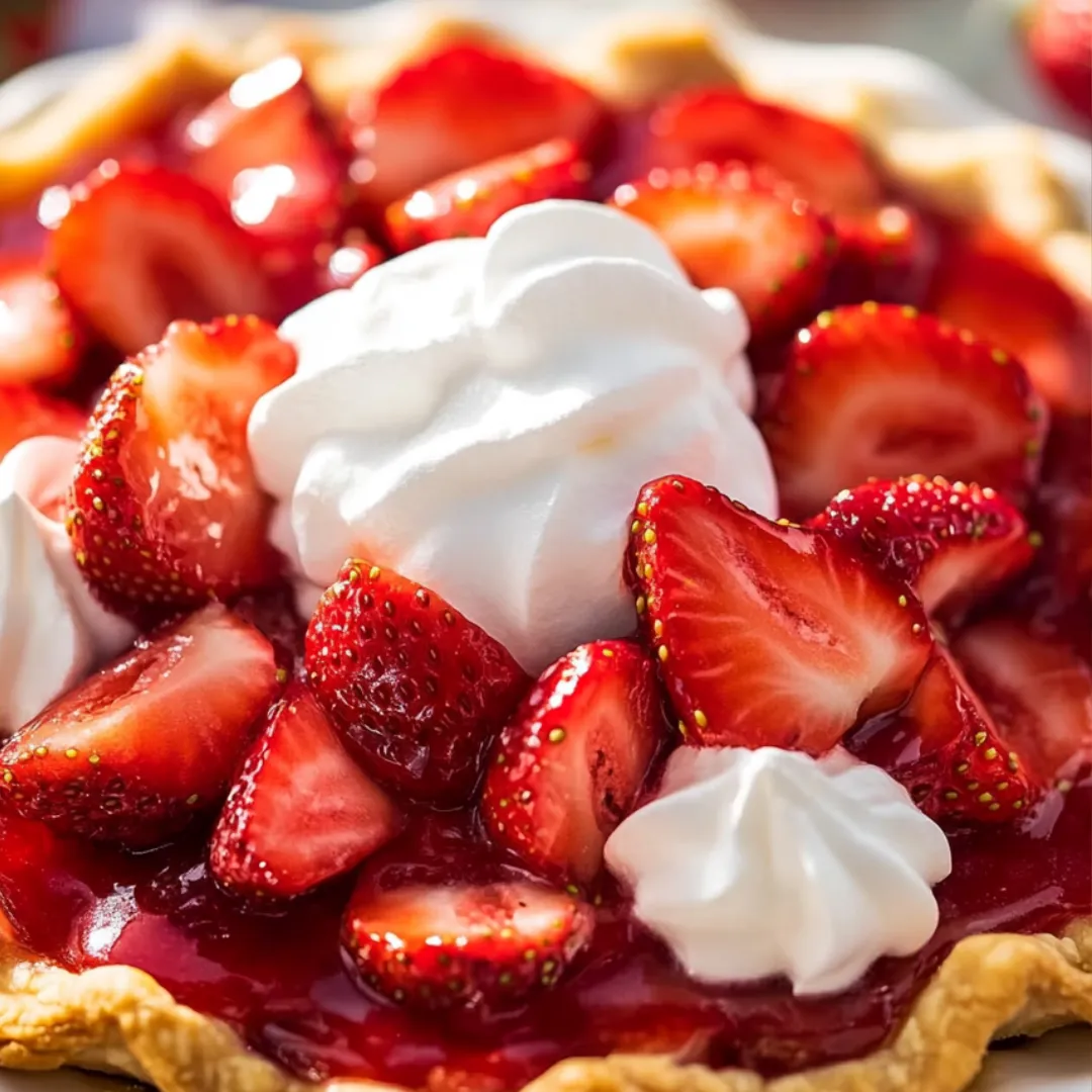A slice of pie with strawberries and whipped cream.