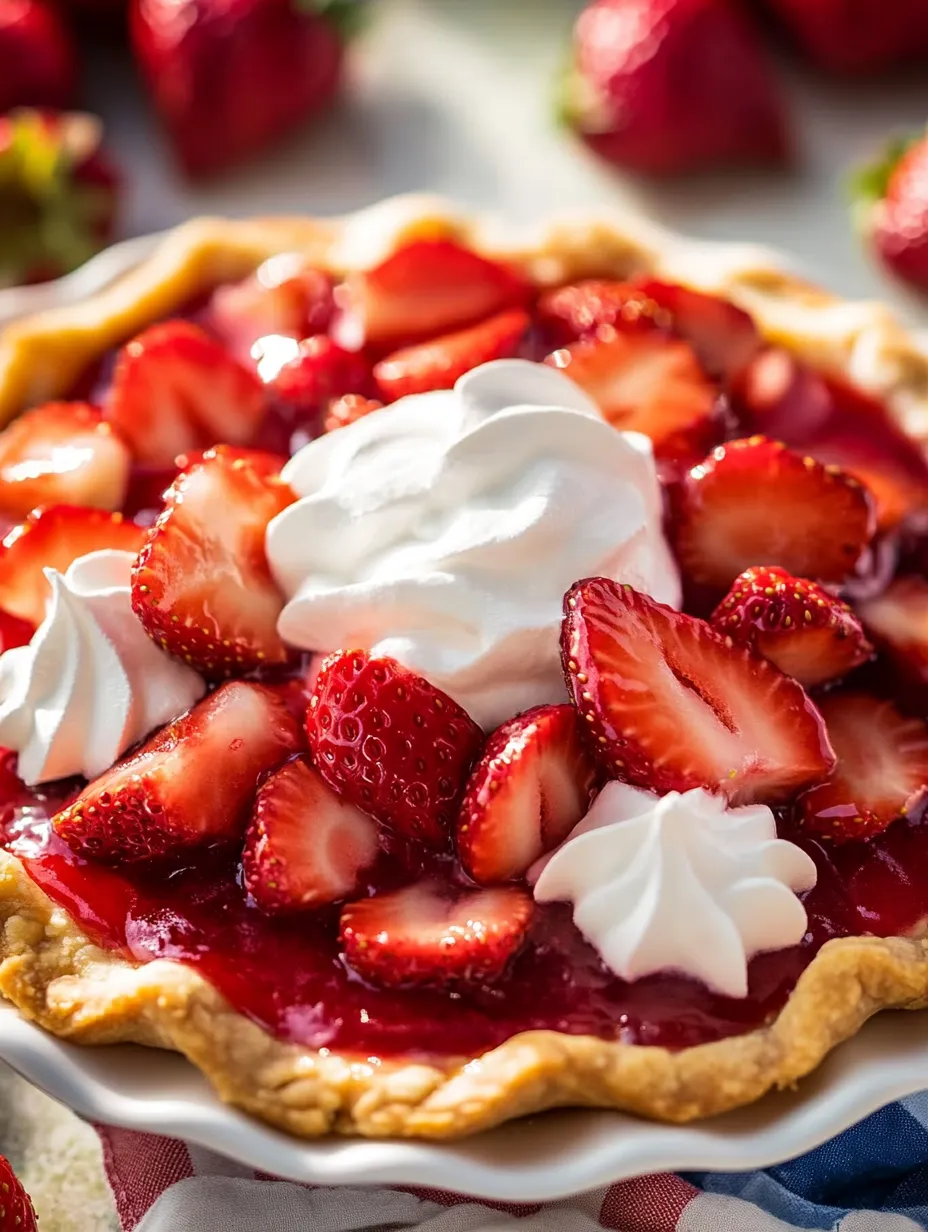 A slice of pie with whipped cream and strawberries on top.
