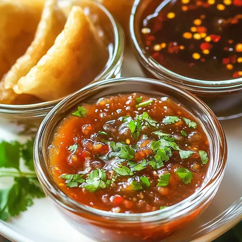 Three bowls of sauce and a plate of dumplings.