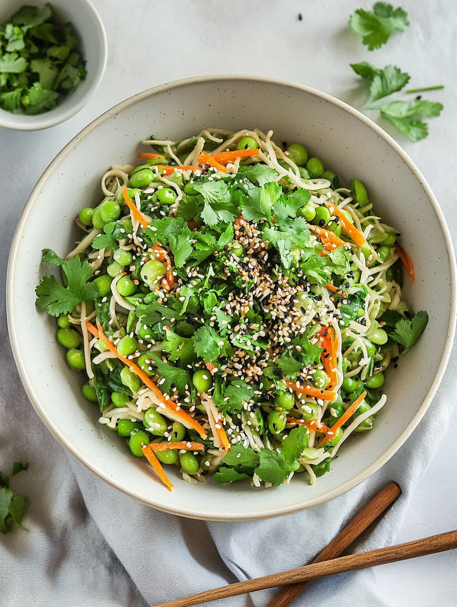 A bowl of noodles with vegetables and herbs.