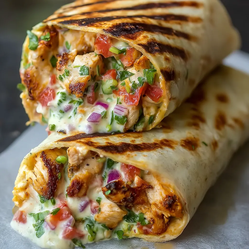 A chicken wrap with tomatoes and lettuce.