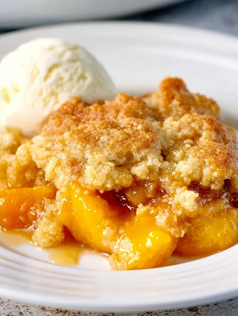 A dessert with a scoop of ice cream and a peach cobbler.