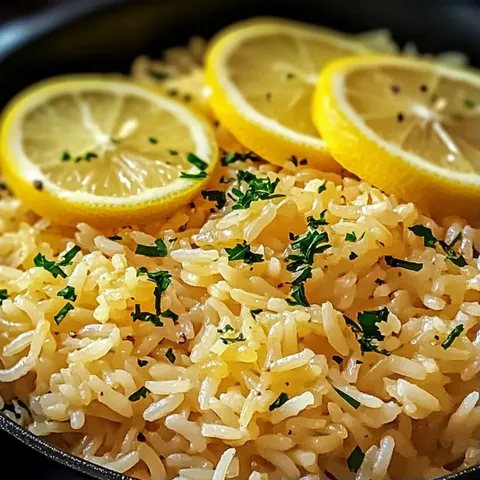 A bowl of rice with lemon slices on top.