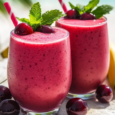 Two glasses of berry smoothie with straws.