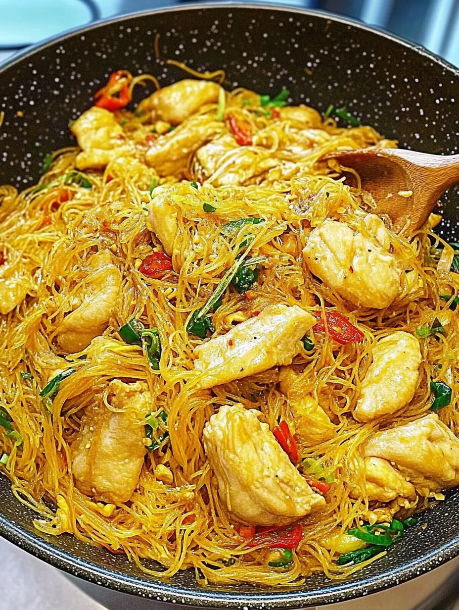 A bowl of noodles with chicken and vegetables.