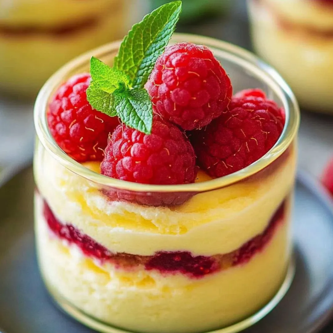 A glass of raspberries with a green leaf on top.