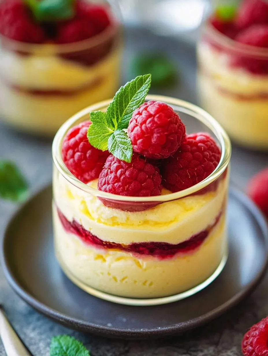 A glass of raspberries with a green leaf on top.