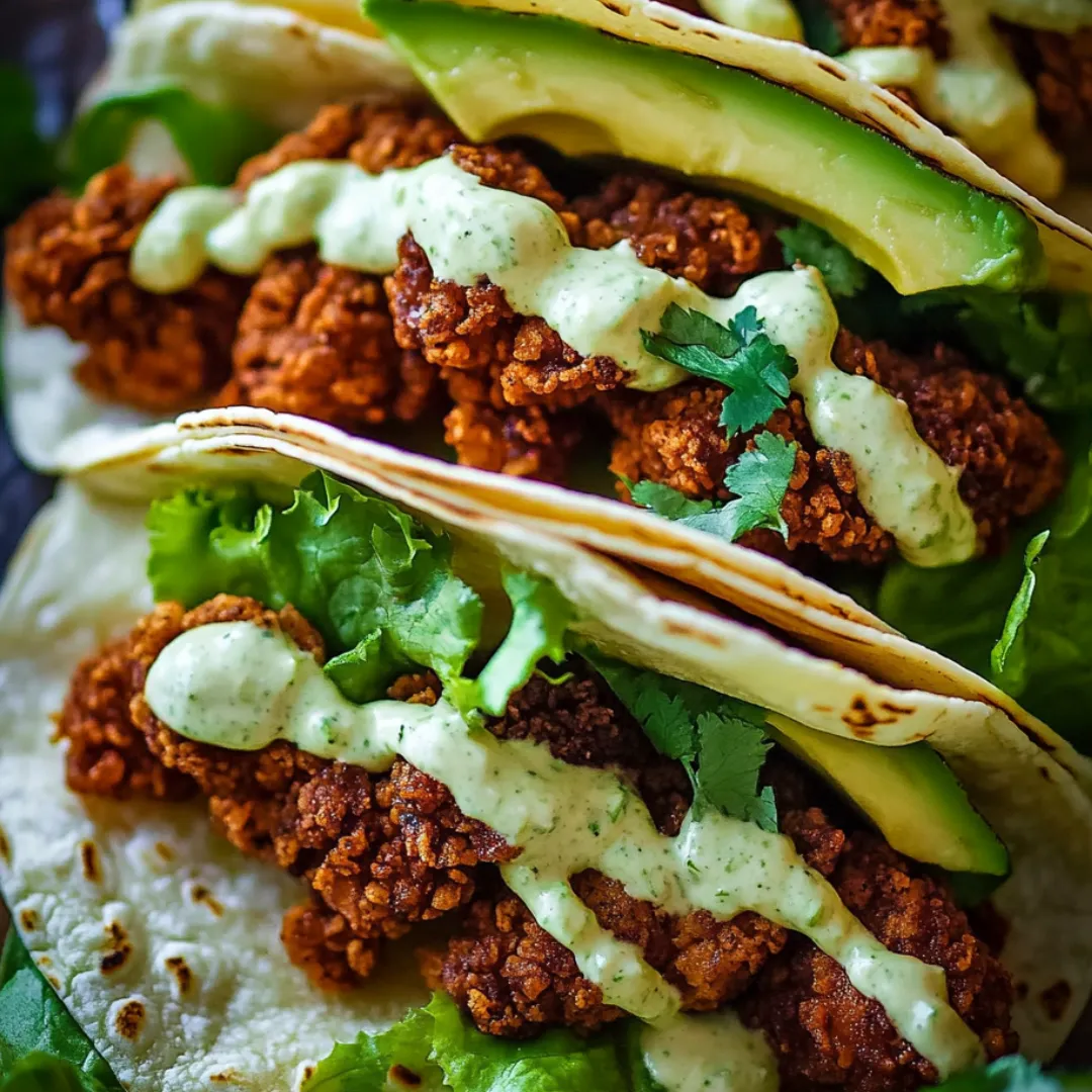 Two tacos with chicken and avocado topped with sour cream.