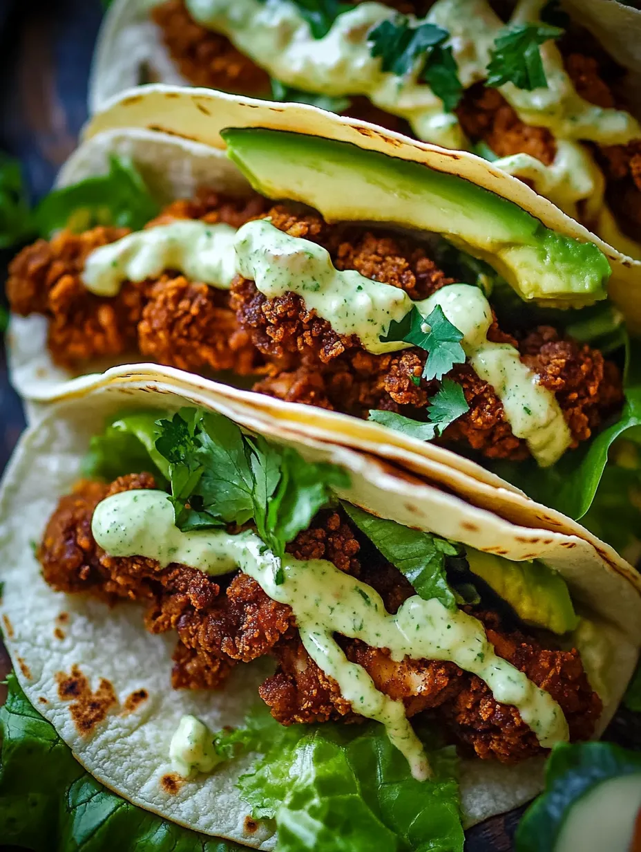 Two tacos with chicken and avocado toppings.