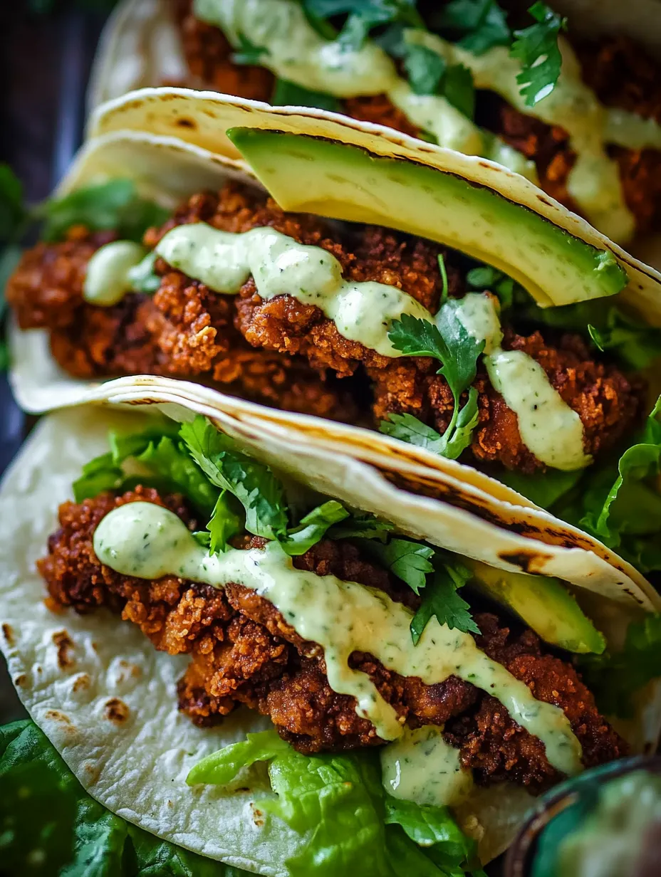 Two tacos with chicken and avocado topped with white sauce.
