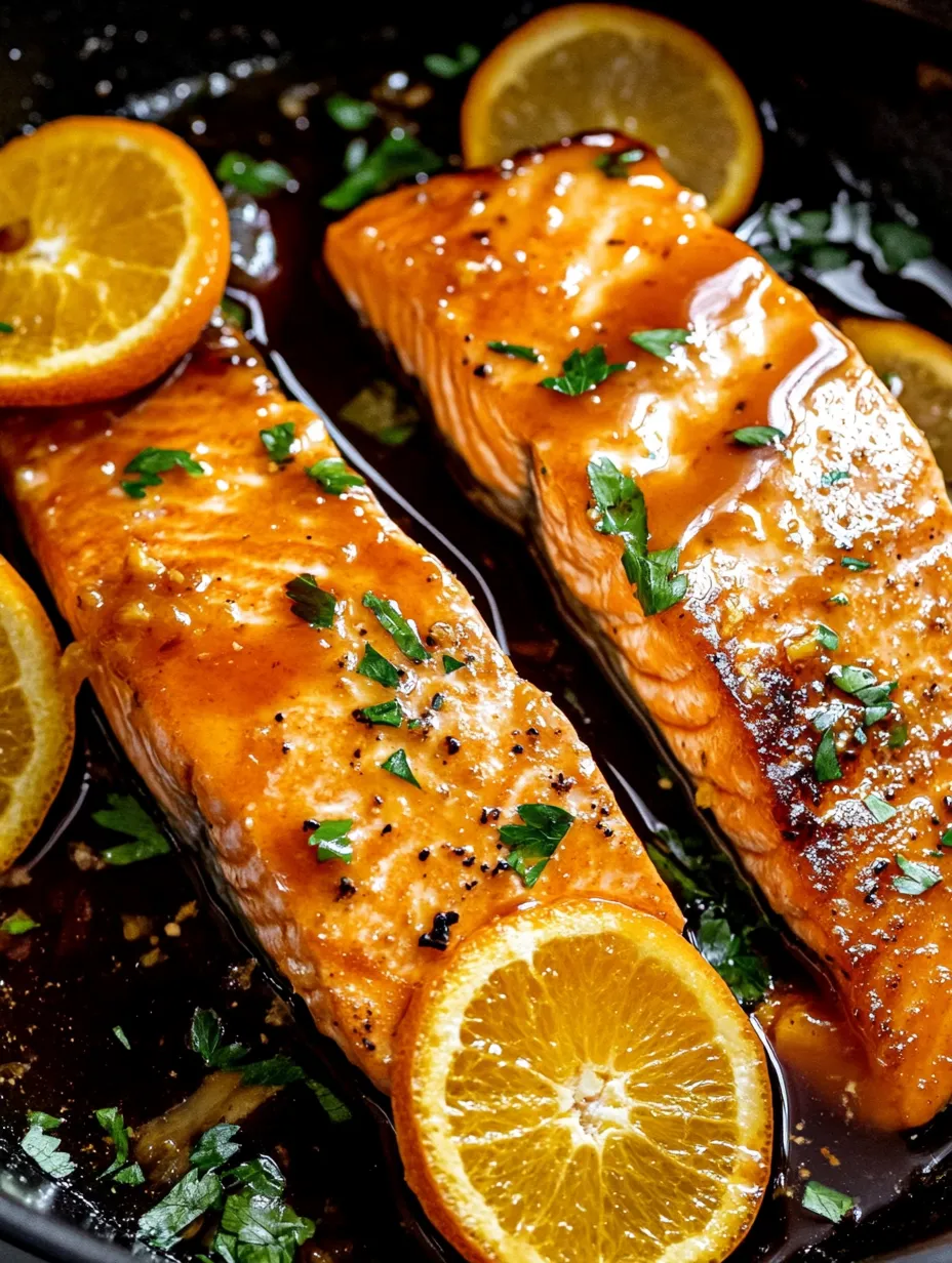 A plate of salmon with orange slices.